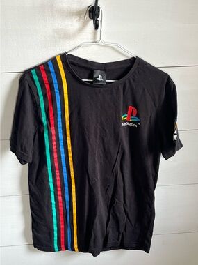 PlayStation Black Short Sleeve Logo Tee with Multi-Stripe Detail